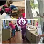 Lupe's Team Cleaning Kitchen, Living Area, & Shower Glass Door