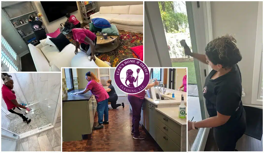Lupe's Team Cleaning Kitchen, Living Area, & Shower Glass Door