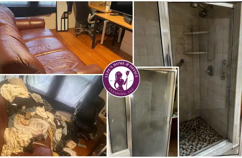 Before & after shower door and couch