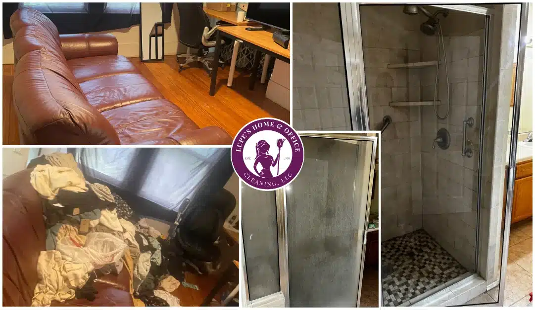 Before & after shower door and couch